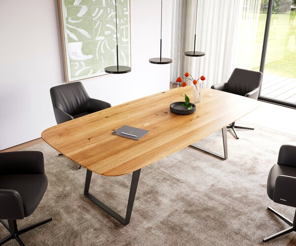 DELIFE Étkezőasztal Edge hajóformájú 240x120x2,5-3 tölgy természetes fém ferde fekete svájci él