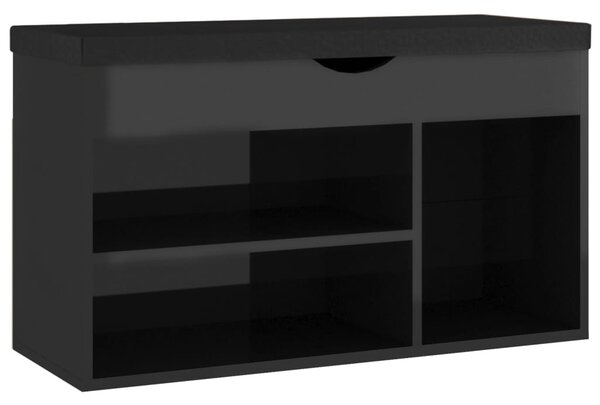 Magasfényű fekete cipőtároló pad párnával 80 x 30 x 47 cm
