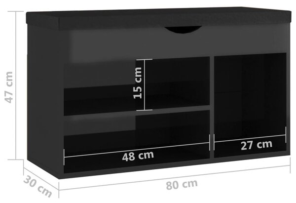 Magasfényű fekete cipőtároló pad párnával 80 x 30 x 47 cm