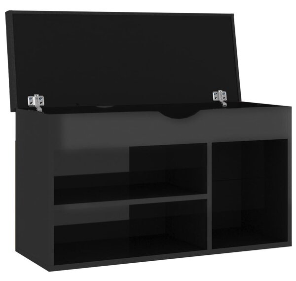 Magasfényű fekete cipőtároló pad párnával 80 x 30 x 47 cm
