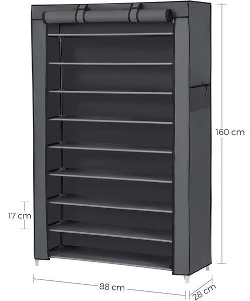 10 szintes cipőtároló porvédő huzattal, 28 x 88 x 160 cm, 40–50 pár cipőnek, szürke