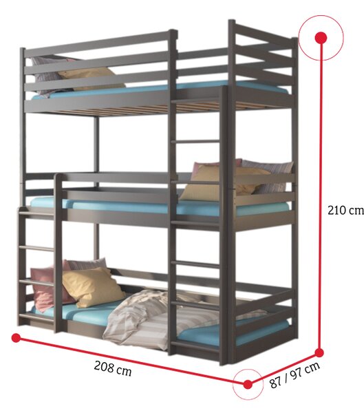 TEDROS emeletes gyerekágy + 3x matrac, 90x200, fehér