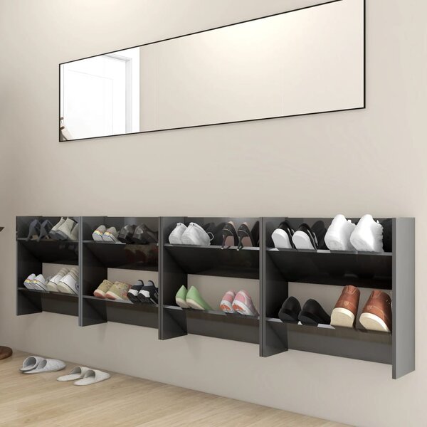 4 db magasfényű szürke szerelt fa fali cipősszekrény 60x18x60cm