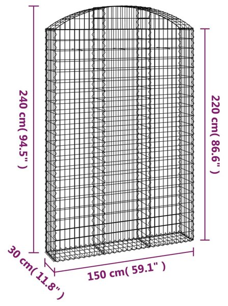 Íves horganyzott vas gabion kosár 150x30x220/240 cm