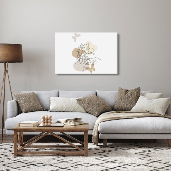 Kép - Bézs virágok pillangóval N⁰1 (90x60 cm)