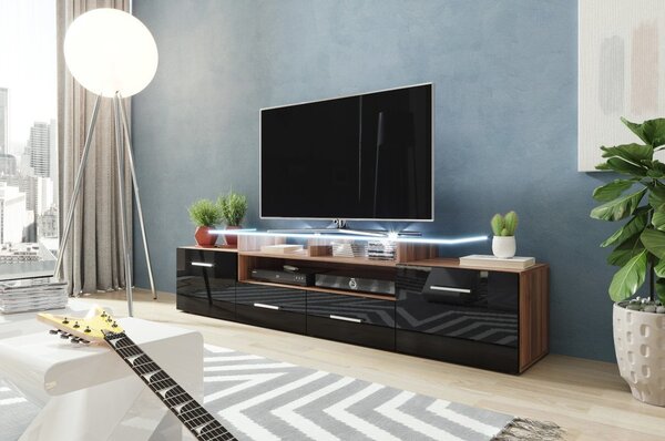 TV asztal + szekrény Blaise (szilva + fényes fekete) (fehér LED világítás). 1058800