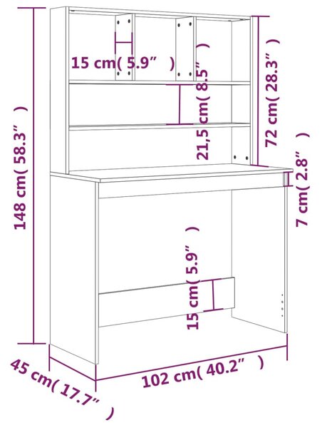 Füstös tölgy szerelt fa íróasztal polcokkal 102 x 45 x 148 cm