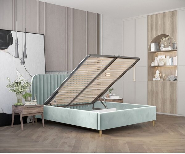 Mentazöld kárpitozott ágyneműtartós egyszemélyes ágy ágyráccsal 120x200 cm Noto – Maison de Rêve