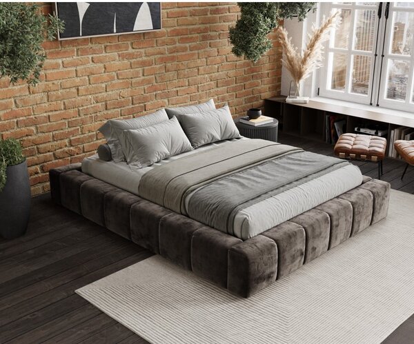 Barna kárpitozott ágyneműtartós franciaágy ágyráccsal 160x200 cm Aruba L – Maison de Rêve