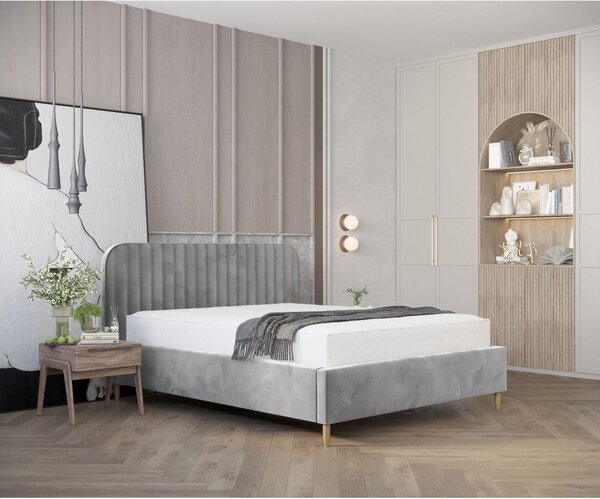 Szürke kárpitozott ágyneműtartós franciaágy ágyráccsal 180x200 cm Noto – Maison de Rêve