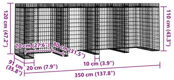 VidaXL horganyzott vas gabionkosár szemeteskukához 350 x 91 x 120 cm