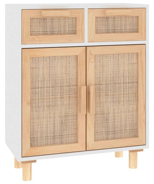 Fehér tömör fenyő/természetes rattan tálalószekrény 60x30x75 cm