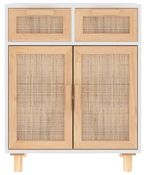 Fehér tömör fenyő/természetes rattan tálalószekrény 60x30x75 cm