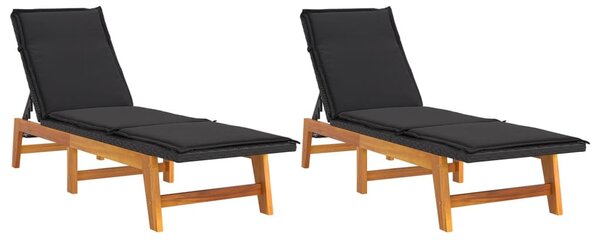 2 db polyrattan és tömör akácfa napozóágy párnával