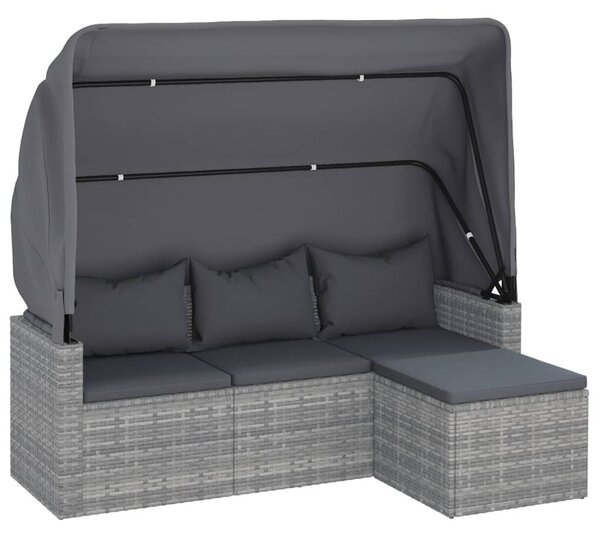 3-személyes szürke polyrattan kanapé tetővel és lábtartóval