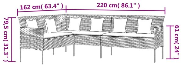 L-alakú fekete polyrattan kerti kanapé párnákkal
