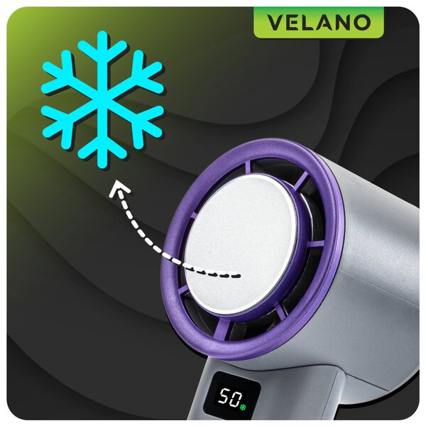 Velano Kézi Ventilátor – 4000 mAh, Hűtőpanellel, LCD kijelzővel – Szürke/Lila (VELWEBR0006)