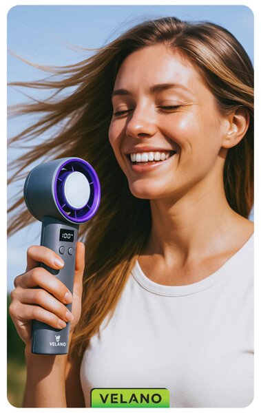Velano Kézi Ventilátor – 4000 mAh, Hűtőpanellel, LCD kijelzővel – Szürke/Lila (VELWEBR0006)