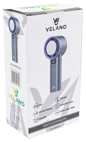 Velano Kézi Ventilátor – 4000 mAh, Hűtőpanellel, LCD kijelzővel – Szürke/Lila (VELWEBR0006)
