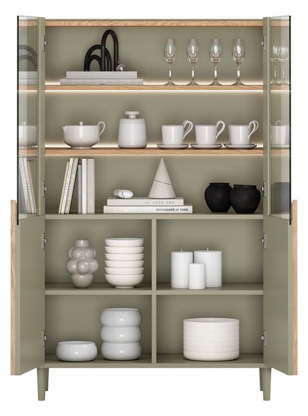 Amilio vitrines szekrény 100 cm kétajtós lábakon - eukaliptusz / baltic dune tölgy / natúr tölgy fogantyúk
