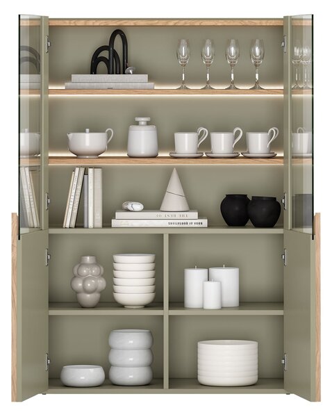 Amilio vitrines szekrény 100 cm, kétszárnyú - eukaliptusz / baltic dune tölgy / natúr tölgy fogantyúk