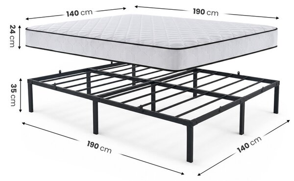 AKORD Furniture Factory Összecsukható Fém Ágykeret Rugós Matraccal 140x190 cm Fekete 9 Lábbal 20 Léccel