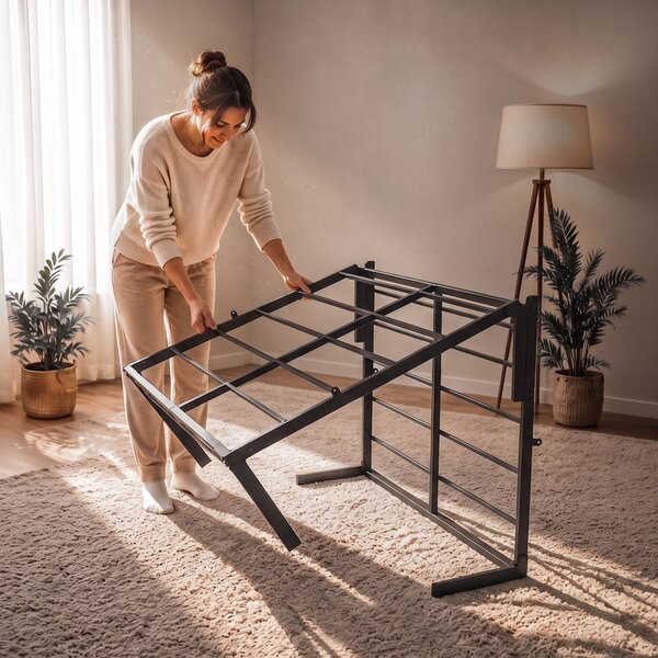 AKORD Furniture Factory Összecsukható Fém Ágykeret Rugós Matraccal 120x200 cm Fekete 9 Lábbal 20 Léccel