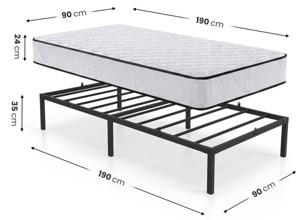 AKORD Furniture Factory Összecsukható Fém Ágykeret Matraccal 90x190 cm Fekete 6 Lábbal 10 Léccel
