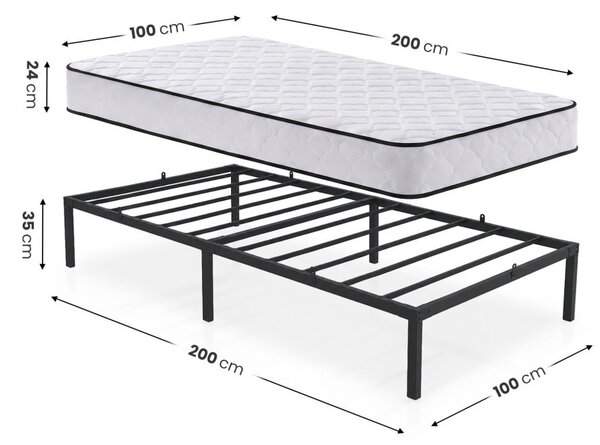 AKORD Furniture Factory Összecsukható Fém Ágykeret Rugós Matraccal 100x200 cm Fekete 6 Lábbal