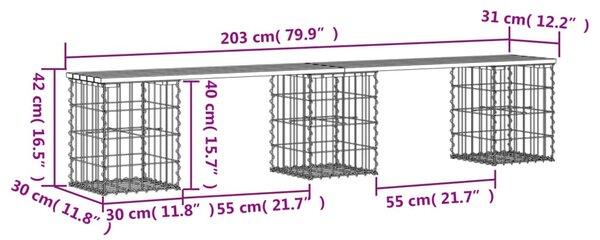 Tömör fenyőfa gabion kerti pad 203x31x42 cm