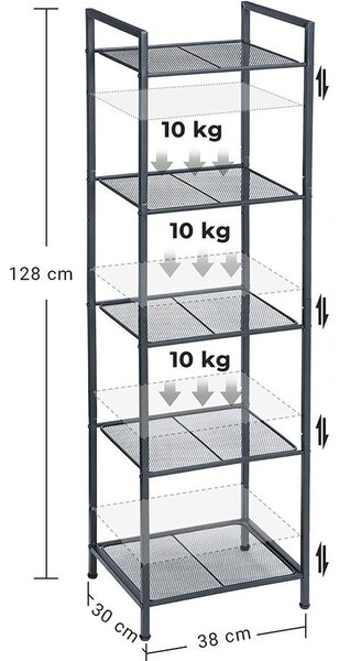 Fürdőszobai polc, 5 szintes tároló állvány, fekete