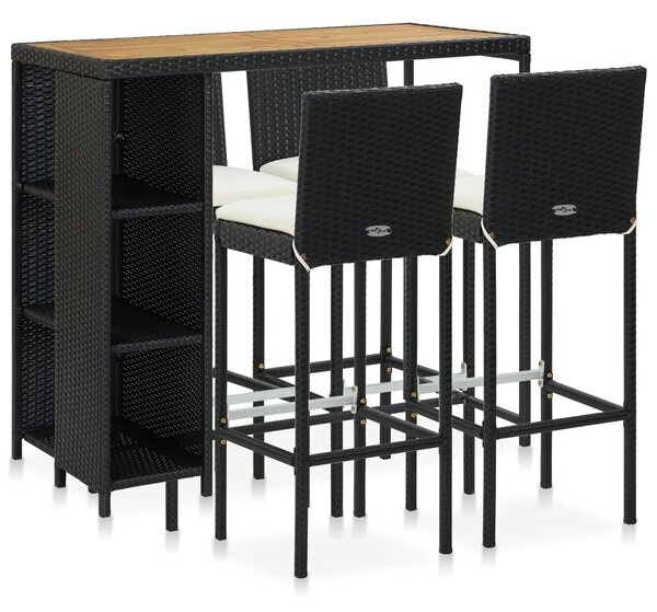 5 darabos fekete polyrattan kerti bárszett párnákkal