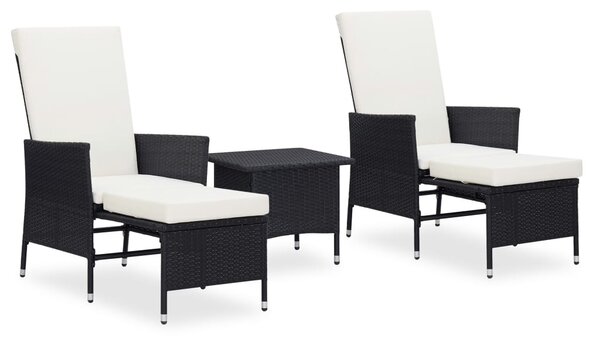 3 részes fekete polyrattan kerti bútorszett párnákkal