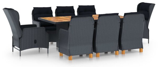 9 részes sötétszürke polyrattan kültéri étkezőszett párnákkal