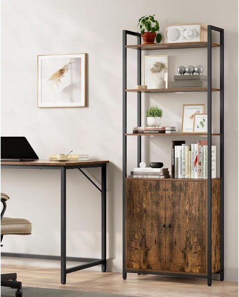Könyvespolc, 6 szintes, állópolc ajtókkal, 24 × 60 × 159,5 cm, vintage barna–tintafekete