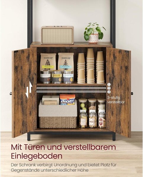 Könyvespolc, 6 szintes, állópolc ajtókkal, 24 × 60 × 159,5 cm, vintage barna–tintafekete