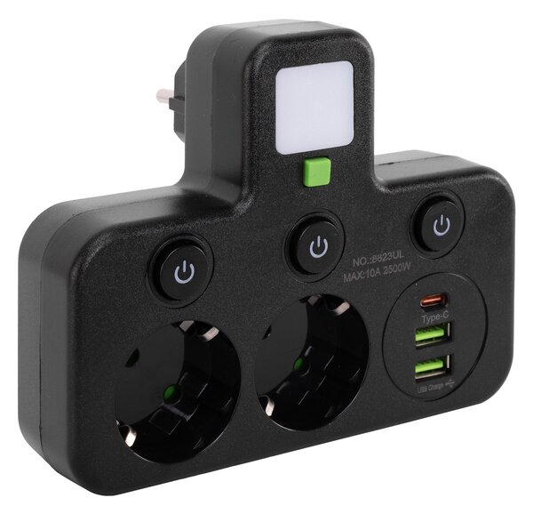 Toolight Toollight, JNH017, 2 aljzatos + 2× USB-A + USB-C elosztó LED lámpával, fekete, OSW-56308