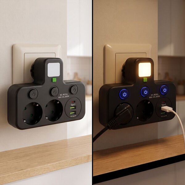 Toolight Toollight, JNH017, 2 aljzatos + 2× USB-A + USB-C elosztó LED lámpával, fekete, OSW-56308