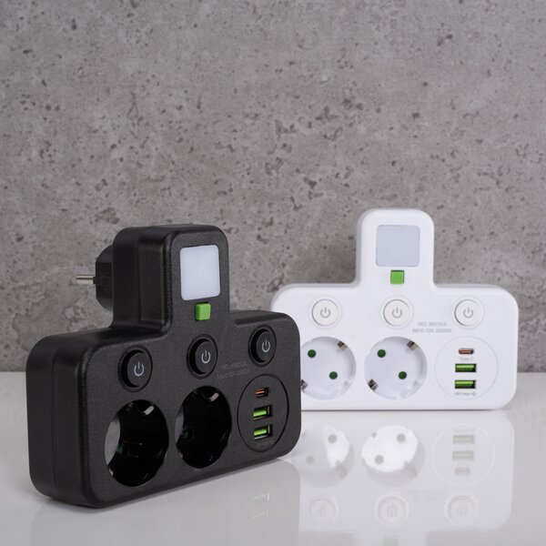 Toolight Toollight, JNH017, 2 aljzatos + 2× USB-A + USB-C elosztó LED lámpával, fekete, OSW-56308