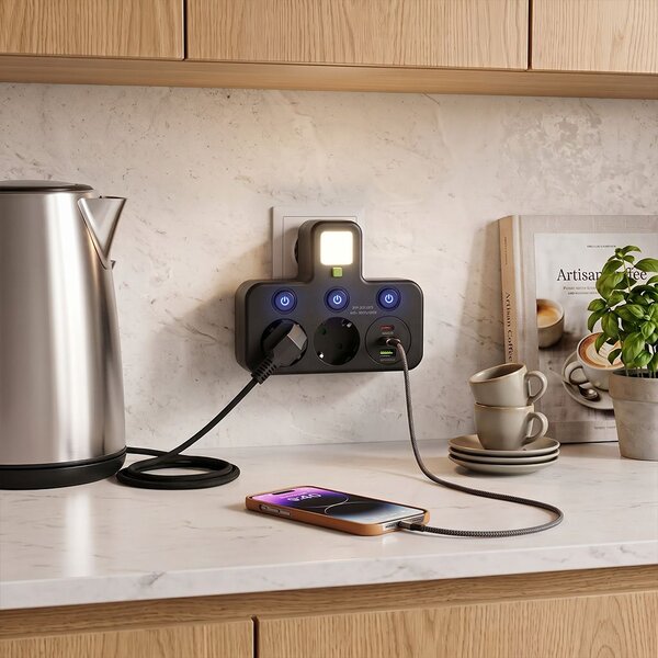 Toolight Toollight, JNH017, 2 aljzatos + 2× USB-A + USB-C elosztó LED lámpával, fekete, OSW-56308
