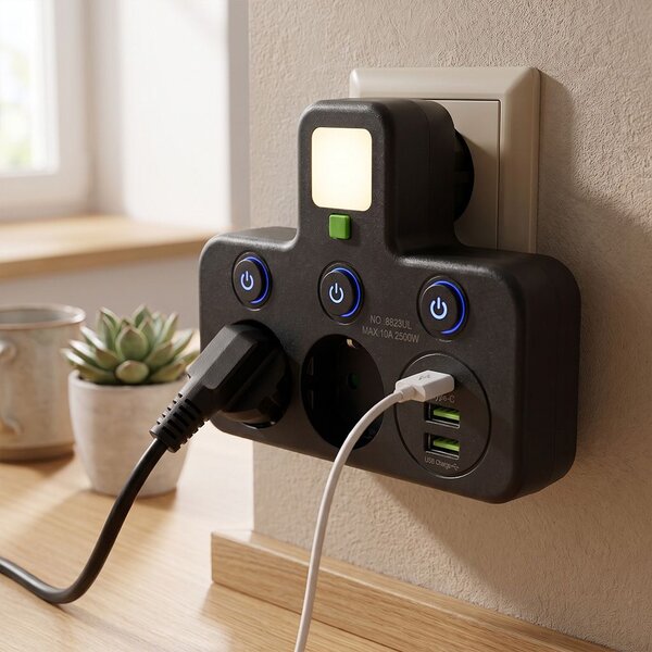Toolight Toollight, JNH017, 2 aljzatos + 2× USB-A + USB-C elosztó LED lámpával, fekete, OSW-56308
