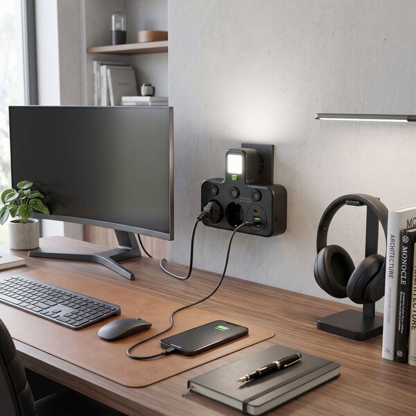 Toolight Toollight, JNH017, 2 aljzatos + 2× USB-A + USB-C elosztó LED lámpával, fekete, OSW-56308