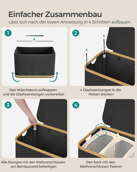 SONGMICS szennyeskosár fedéllel – 3 rekeszes ruhagyűjtő, 150 L űrtartalommal fekete színben