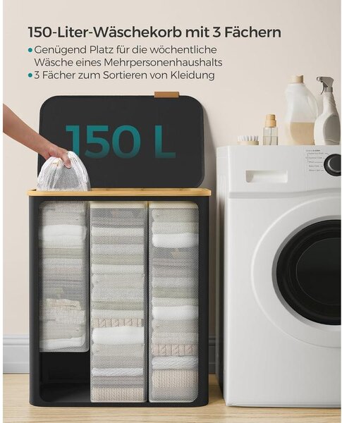 SONGMICS szennyeskosár fedéllel – 3 rekeszes ruhagyűjtő, 150 L űrtartalommal fekete színben