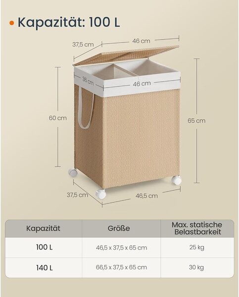 Szennyeskosár 2 rekesszel, 100 literes fedeles ruháskosár natúr bézs és matt fehér színben