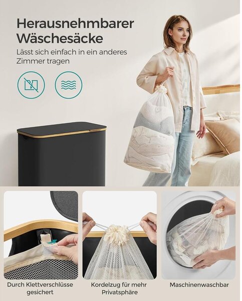 SONGMICS szennyeskosár fedéllel – 3 rekeszes ruhagyűjtő, 150 L űrtartalommal fekete színben