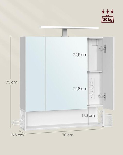 VASAGLE Fürdőszobaszekrény LED világítással, konnektorokkal, 16,5 × 70 × 75 cm, felhőfehér színben