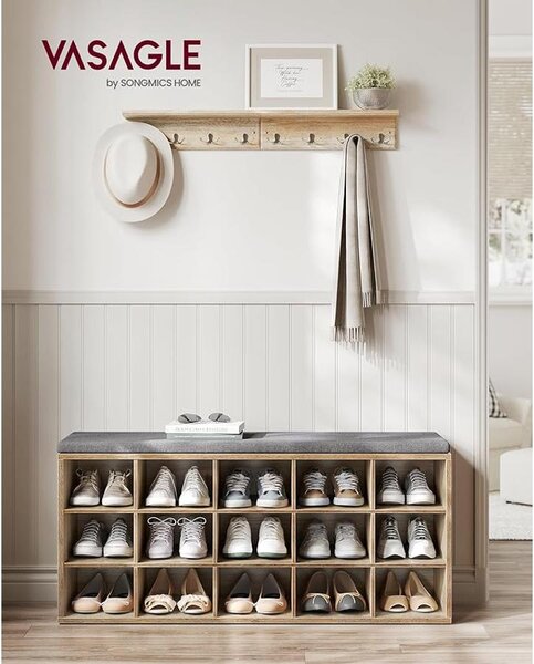 VASAGLE Cipőtartó pad, cipőpolc ülőfelülettel, 30×105×48 cm, türkizbarna–szürke