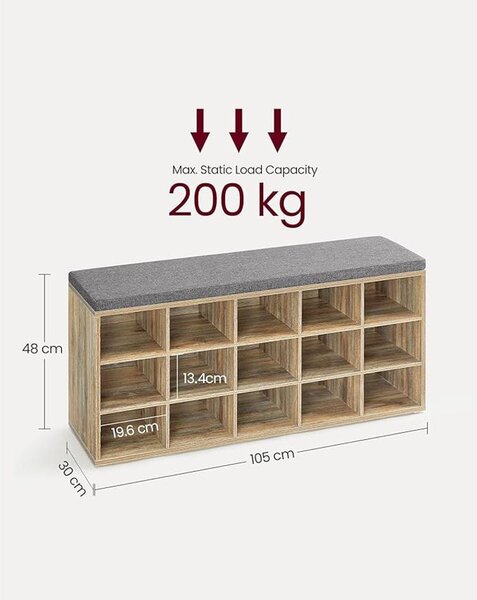 VASAGLE Cipőtartó pad, cipőpolc ülőfelülettel, 30×105×48 cm, türkizbarna–szürke