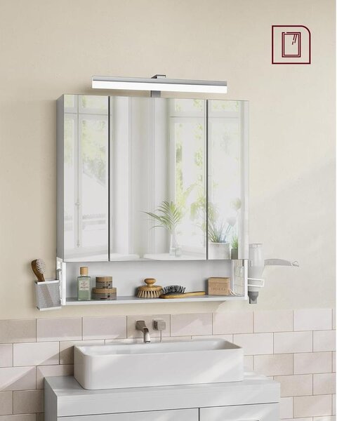 VASAGLE Fürdőszobaszekrény LED világítással, konnektorokkal, 16,5 × 70 × 75 cm, felhőfehér színben